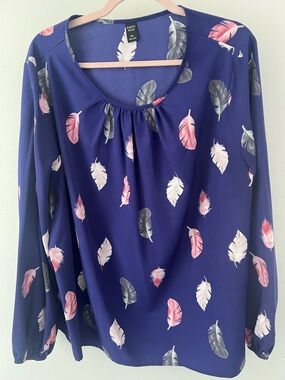 Every Rose Navy Feather-Print Long-Sleeve Blouse